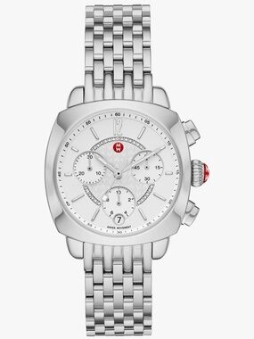 Michele Silver-Tone Stainless Steel Chronograph Watch with White Dial